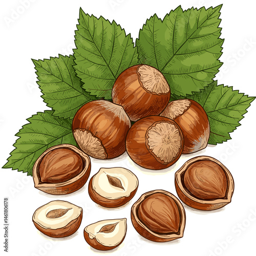 Realistic hazelnut group with green leaf, whole and cracked