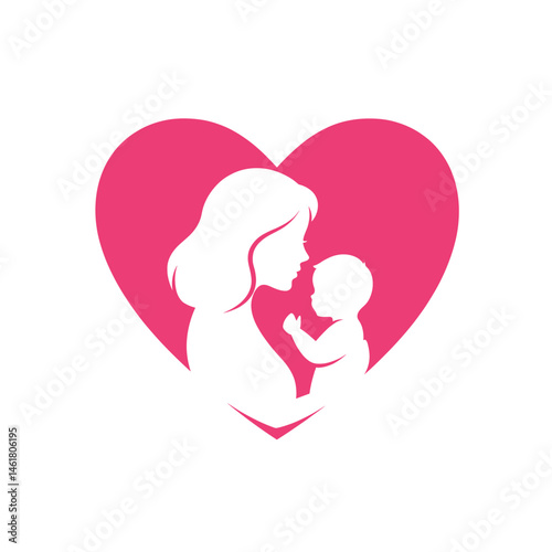 Mother and child silhouette inside pink heart, love symbol