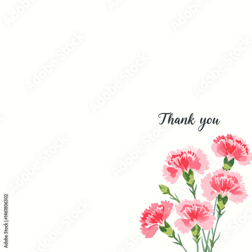 Thank you text with pink carnation flower watercolor illustration