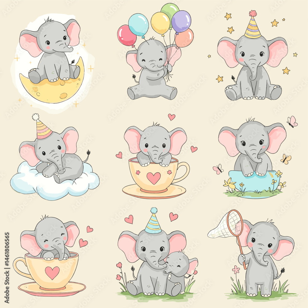Obraz premium Sweet Elephant Collection: A set of adorable illustrations of baby elephants in playful poses, perfect for adding a touch of joy and cuteness to any project.