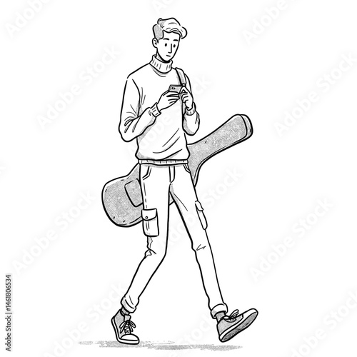 Young man with guitar: A contemporary sketch captures a young man in his late teens or early twenties engrossed in his phone while carrying a guitar case.