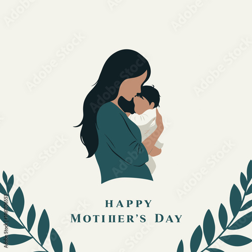Mother's Day Affection: A tender illustration portrays a mother cradling her baby, showcasing maternal affection on Mother's Day, adorned with floral elements.
