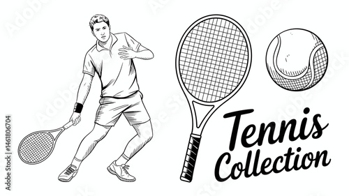 Hand-Drawn Tennis Collection with Player, Racket and Ball