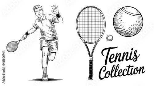 Hand-Drawn Tennis Collection with Player, Racket and Ball
