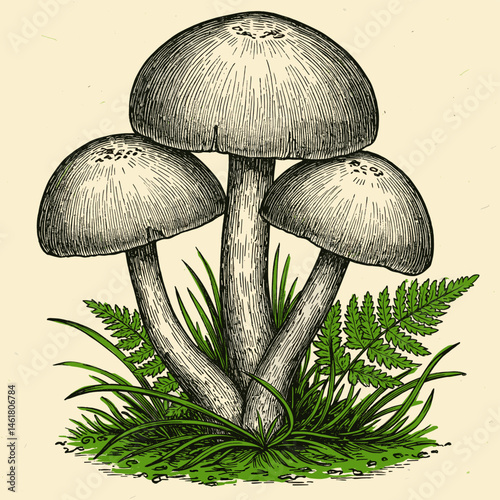 Mushroom Trio with Ferns: A trio of mushrooms sprout gracefully in a whimsical illustration, amidst verdant ferns and foliage, conjuring up a scene of ethereal beauty. The detail of each cap, stem.