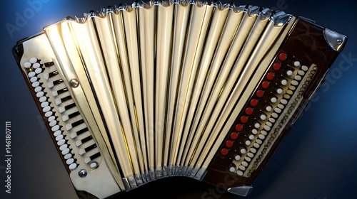 Close-up view of a polished accordion's golden bellows. photo