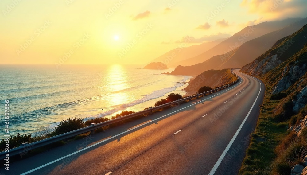 Fototapeta premium Golden sunlight bathes a coastal highway, Pacific Ocean view , coast, sunshine