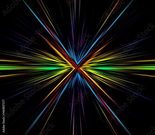 Abstract surface of radial blur zoom with neon rainbow light streaks on black background. Vibrant energy burst with symmetrical motion effect. Perfect for sci-fi or tech themes.