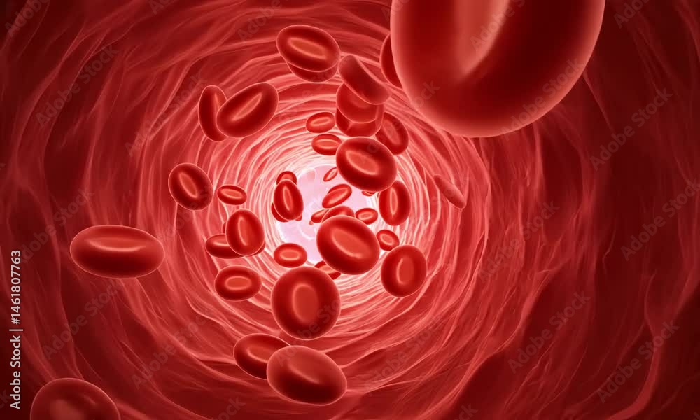 3D medical illustration of red blood cells flowing inside a human blood ...