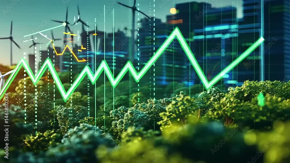 Green energy growth represented by a rising graph amidst wind turbines and urban skyline