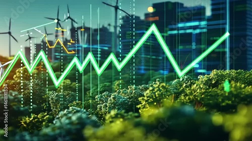 Green energy growth represented by a rising graph amidst wind turbines and urban skyline