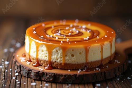 creamy dulce de leche cheesecake with a caramel swirl, topped with a drizzle of toffee sauce and sea salt flakes, served on a rustic wooden board