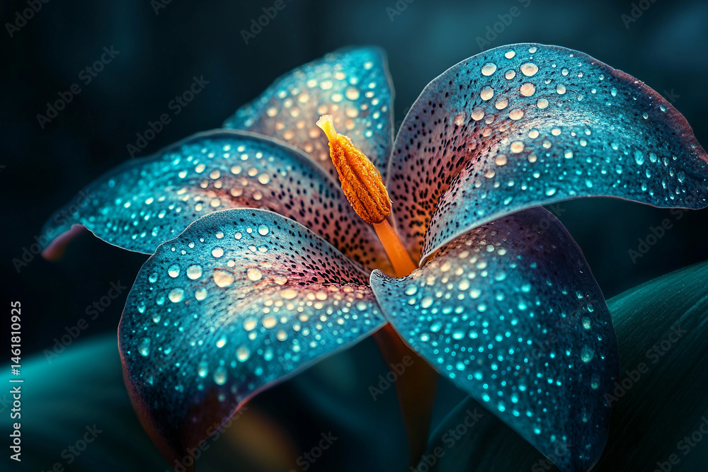 Fototapeta premium Generative AI macro of a glowing mystical flower with bioluminescent tentacle like petals in shades of blue and purple, surreal closeup