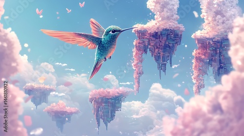 A pastel-colored anime dreamland with a tiny hummingbird dancing among flowers