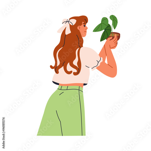 Girl holding potted plant. Young woman from behind caring for houseplant with fresh leaves. Growing greenery, leaf foliage vegetation in hands. Flat vector illustration isolated on white background