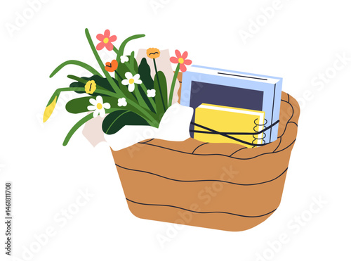 Flower bouquet, books in basket. Notebook, diaries, notepads, journals and wildflowers in wicker for summer picnic, vacation, countryside. Flat vector illustration isolated on white background