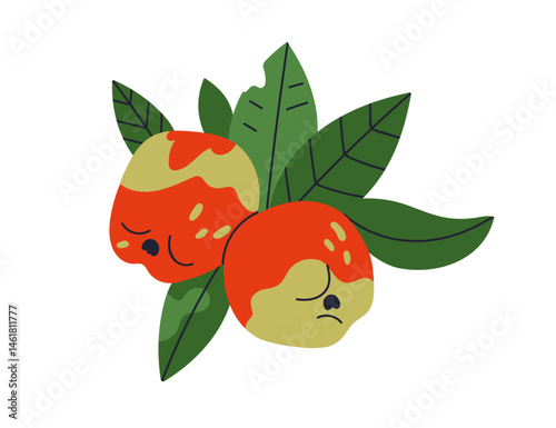 Apple with leaves. Garden fruits with natural organic peel. Fresh eco homegrown food growing among leaf. Wholesome snack, seasonal harvest. Flat vector illustration isolated on white background