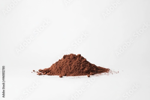 Pile of dark brown cocoa powder on white background.  A mound of the ground spice sits centered