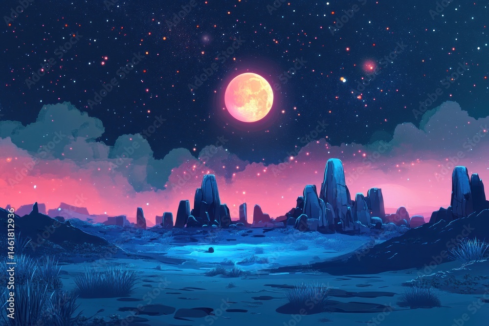Fototapeta premium Surreal landscape under full moon, glowing night sky full of stars and distant planets