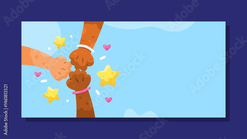 world friendship day banner. friends and bond. illustration of three fist bumping hands. hand gesture. concept of happy friendship day celebration. blue horizontal background. elements. flat style