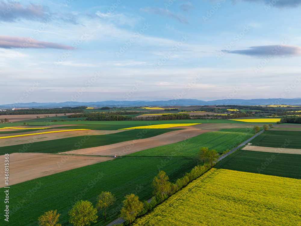 Obraz premium Aerial view of tractor spraying crops on vast agricultural fields in springtime. Agricultural fields landscape. Drone shot of a tractor spraying blooming yellow rapeseed fields and green crops.