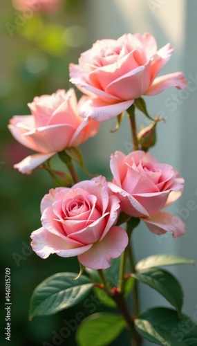 Three pale pink roses, delicate and open, sunlight dappled , flora, pastel, image