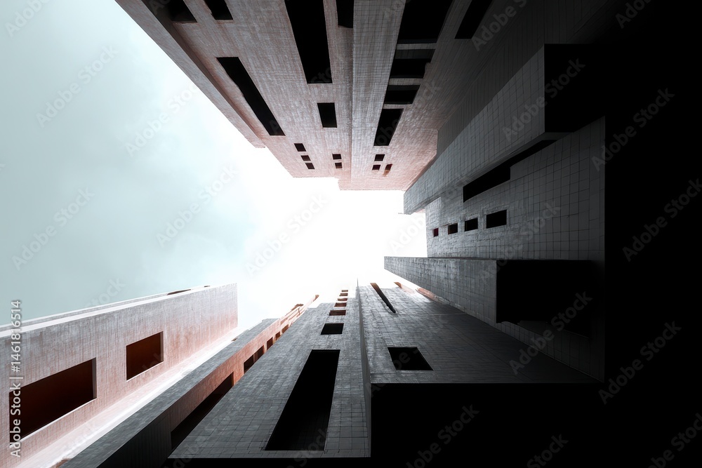Obraz premium Urban Geometry, looking up to cement building. Modern and abstract architecture design