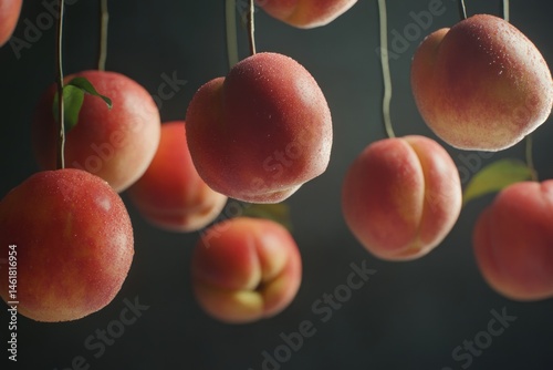 Tilted view of peaches hanging at varying focal depths