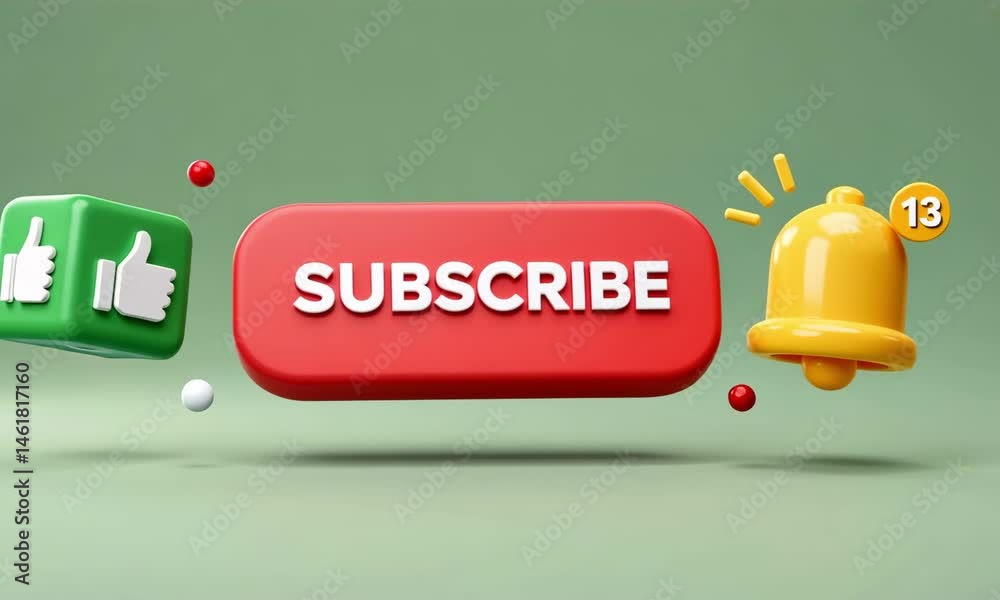 3D render of social media engagement icons including red subscribe button, yellow notification bell with alert, and green thumbs-up like button on green background for content interaction visuals