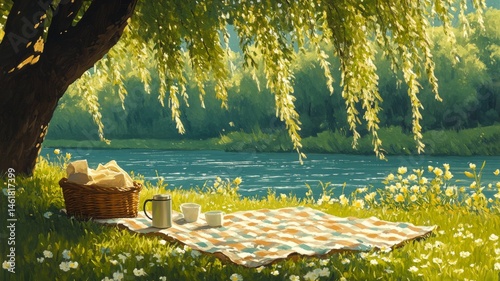 Serene picnic by river, impressionistic painting style, sunny day outdoors with food and drink. Ideal for tranquil scenes, book covers, or relaxing lifestyle content.