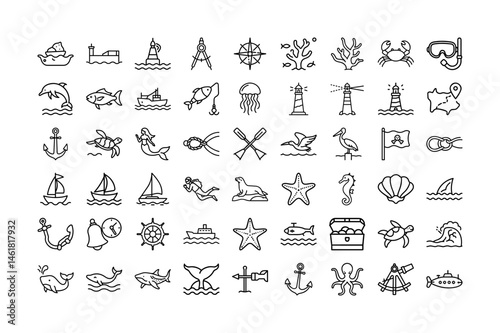 Marine Life, Nautical Elements line icon.Featuring Dolphins, Lighthouses, Ships, Anchors, Sea Creatures, and Ocean Elements in Black and White.