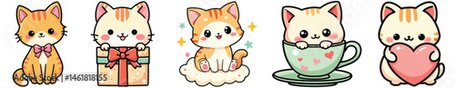 Kawaii cute cartoon cats, happy mood, various props, playful background, kids' illustration