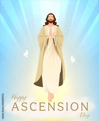 Happy Ascension Day Design with Jesus Christ in Heaven Vector Illustration. Illustration of resurrection Jesus Christ. Sacrifice of Messiah for humanity redemption.