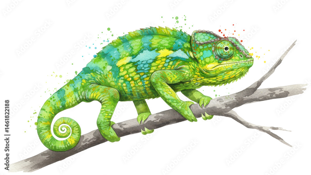 Obraz premium watercolor chameleon resting on a branch isolated on transparent png