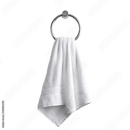 A white towel hanging on a silver circular towel rack against a plain black background studio shot