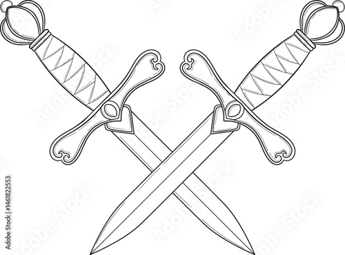 Illustration of crossed daggers in engraving style. Design element for logo, label, emblem, sign. Vector illustration	