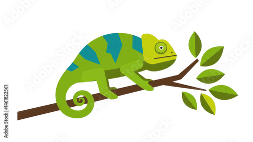 illustration of a chameleon positioned on a branch with leaves.   isolated on transparent png