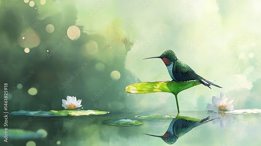Fototapeta premium A watercolor anime-style scene with a hummingbird resting on a floating leaf
