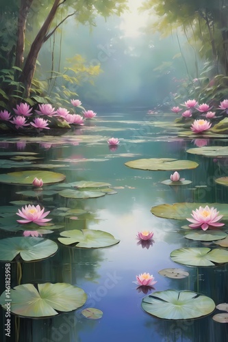A tranquil forest pond covered with green lily pads and blooming pink water lilies, reflecting sunlight through tall trees, creating a dreamy and serene natural landscape scene.
