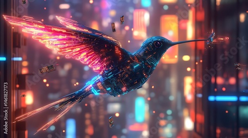A cyberpunk anime hummingbird with neon circuitry wings zipping between city lights