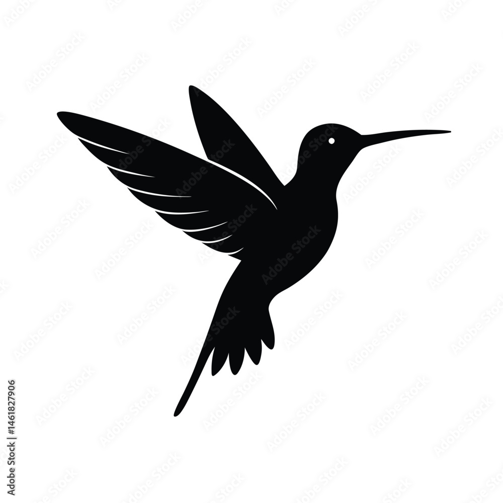 Obraz premium Elegant black hummingbird silhouette flying with wings spread on a clean white background