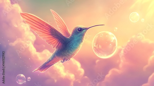 A pastel-colored anime dreamland with a tiny hummingbird dancing among flowers