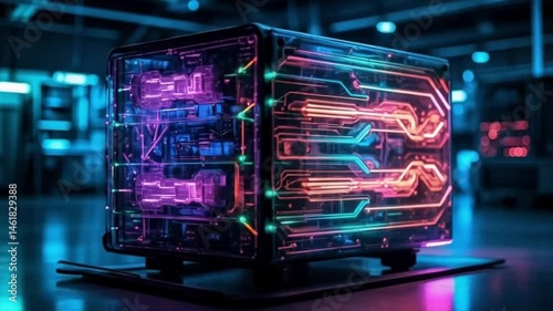 Neon colored box with flashing lights on it. Smooth repeating motion for background video animation.