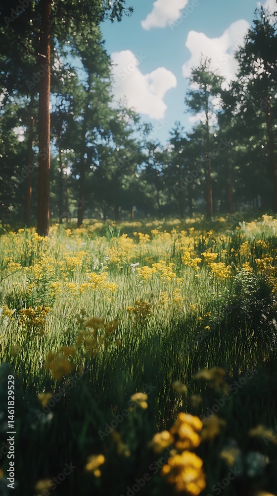 Obraz premium Scenic meadow of wildflowers and green grass under a sunny sky