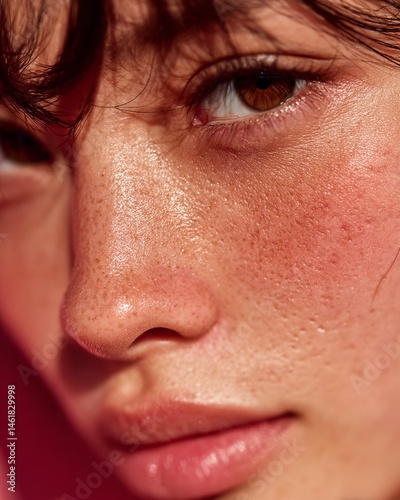 Close-up side profile of a woman's face, emphasizing rosy cheeks and nose with fine lines