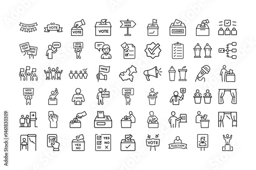 Voting, election line icon set. Featuring Ballots, Voters, Election Day Activities, Polling Stations, Campaigns, and Election Procedures in Black and White
