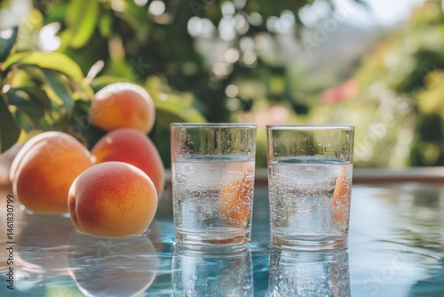 Two peaches in foreground, three softly blurred in background