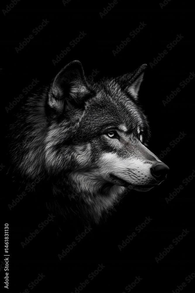 Fototapeta premium Intense Wolf Portrait in Black and White Studio Shot Profile View Captivating Gaze and Detailed Fur Texture