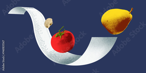 Creative art collage. Grocery receipt with tomato, pear and ginger floating around against dark blue background. Textured effect. Concept of expensive groceries and inflation.
