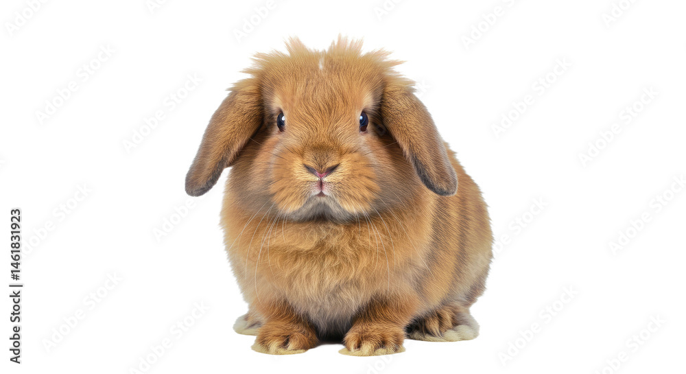 Fototapeta premium Adorable American Fuzzy Lop Rabbit Sitting Long Fluffy Wool Lopped Ears Sweet Face Isolated White Pet